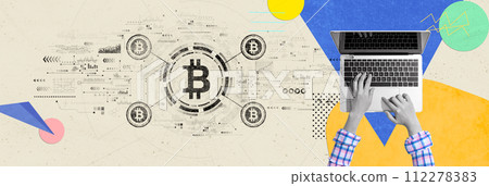 Bitcoin theme with person using a laptop computer 112278383