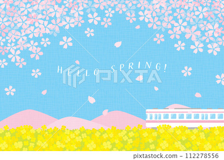 Background illustration of a train running through a field of rape blossoms and cherry blossoms 112278556