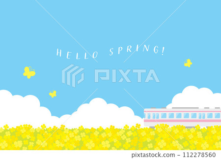 Background illustration of a train running through a rape field and the sky Background illustration of a train running through a rape field and the sky 112278560