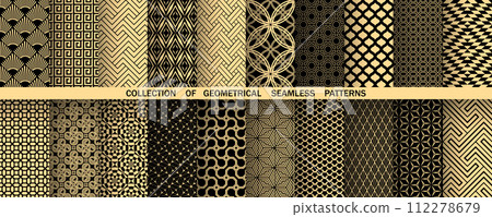 Geometric set of seamless gold and black patterns. Simple vector graphics Geometric set of seamless gold and black patterns. Simple vector graphics 112278679