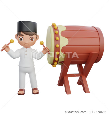 3D Illustration of Muslim character Beating the Bedug Drum 112278696