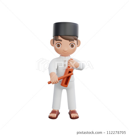 3D Illustration of Muslim character waking up for Sahur using traditional Indonesian tools 112278705