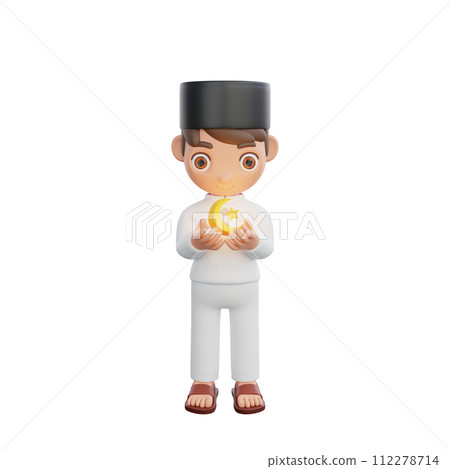 3D Illustration of Muslim character holding a glowing crescent moon and star 3D Illustration of Muslim character holding a glowing crescent moon and star 112278714