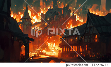 Burning European style city 112278715