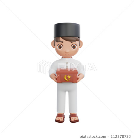 3D Illustration of Muslim character holding a charity box 112278723