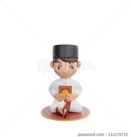 3D Illustration of Muslim character sitting while hugging the Quran 3D Illustration of Muslim character sitting while hugging the Quran 112278732