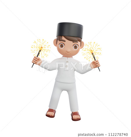 3D Illustration of Muslim character holding a sparkler 3D Illustration of Muslim character holding a sparkler 112278740