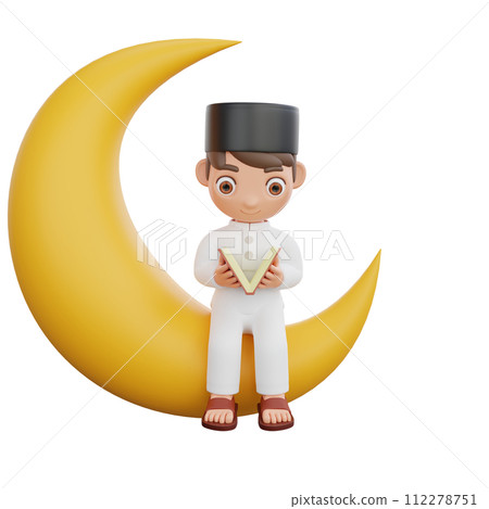 3D Illustration of Muslim character reading the Quran sitting on the crescent moon 112278751