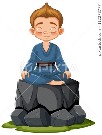 Young Monk Meditating on Rocks 112278777