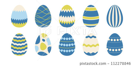 Colorful spring Easter eggs set. Blue, green, cream egg icon collection with different ornaments. Doodle style Easter illustration bundle for banner, poster, card, invitation, sticker. Vector pack  112278846