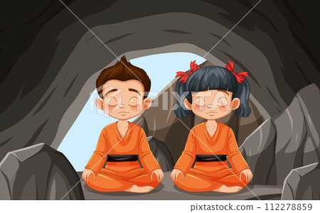Children Meditating in Peaceful Cave 112278859