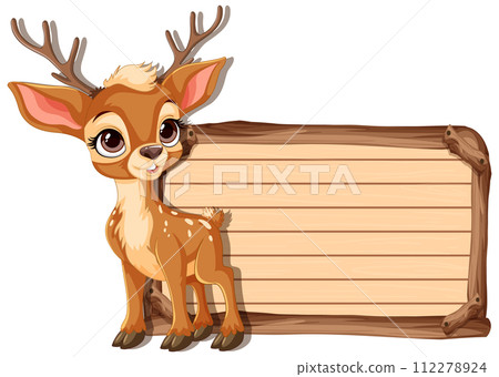 Cute Deer with Blank Wooden Sign 112278924
