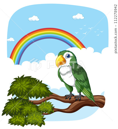 Colorful Parrot on a Branch with Rainbow 112278942