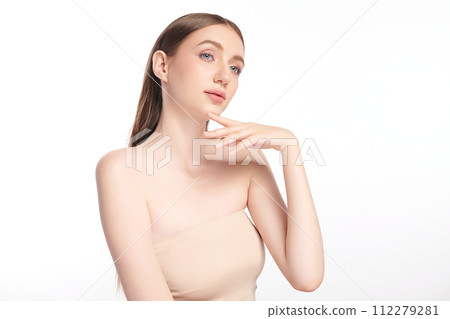 Beautiful young woman with clean fresh skin on white background, Face care, Facial treatment, Cosmetology, beauty and spa, women portrait. 112279281