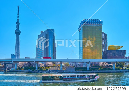 Looking towards Azumabashi 1-chome, Sumida-ku, where cherry blossoms are blooming across the Sumida River from Sumida Park in Hanakawado, Taito-ku, Tokyo in spring. Looking towards Azumabashi 1-chome, Sumida-ku, where cherry blossoms are blooming across the Sumida River from Sumida Park in Hanakawado, Taito-ku, Tokyo in spring. 112279299
