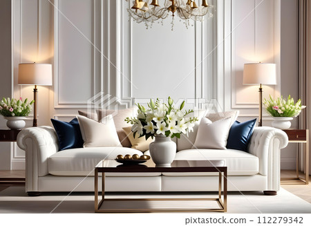 A modern and elegant living room with a white sofa and spring flowers. Spring interior design. AI generation 112279342