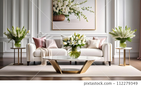 A modern and elegant living room with a white sofa and spring flowers. Spring interior design. AI generation 112279349