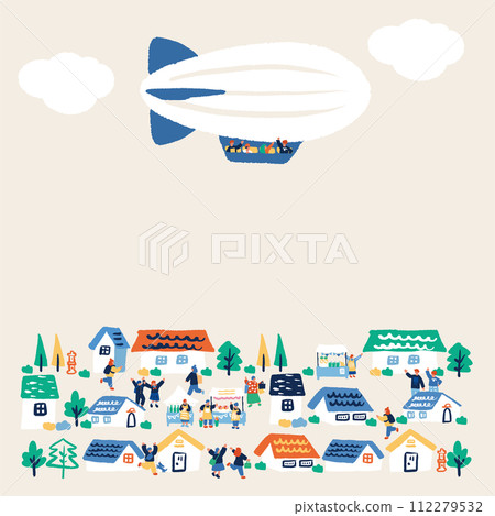 Flat hand drawn illustration of airship and cityscape 112279532