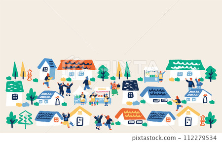 Flat hand drawn illustration of cityscape and people 112279534