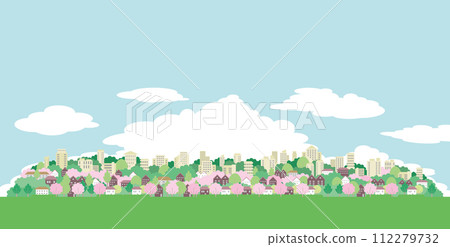 櫻花盛開的城市景觀的插圖。春天城市景觀的插圖。 112279732