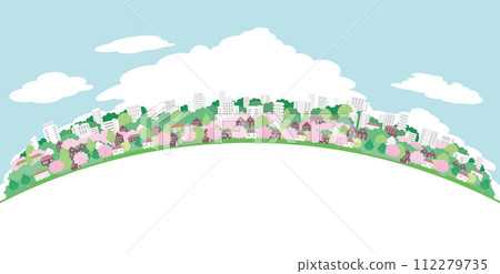 櫻花盛開的城市景觀的插圖。春天城市景觀的插圖。 112279735