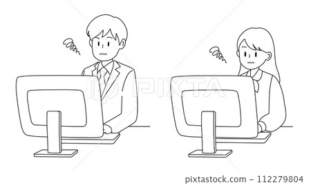 Male and female business people working at a computer 112279804
