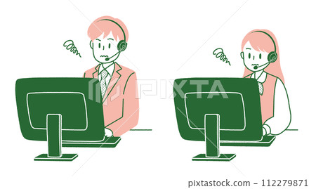 A man and a woman wearing headsets and facing a computer 112279871