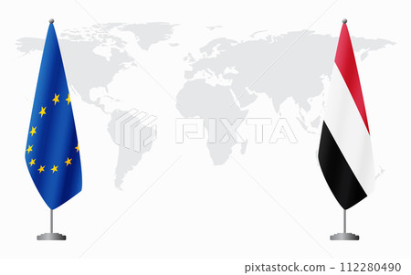 European Union and Yemen flags for official meeting European Union and Yemen flags for official meeting 112280490
