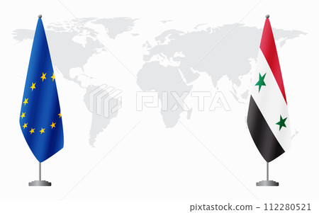 European Union and Syria flags for official meeting European Union and Syria flags for official meeting 112280521