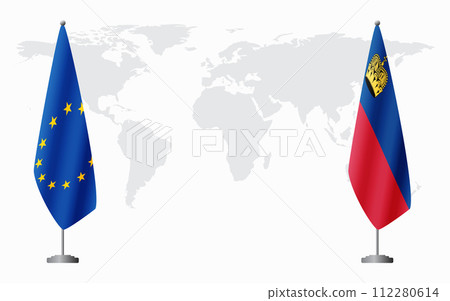 European Union and Liechtenstein flags for official meeting European Union and Liechtenstein flags for official meeting 112280614