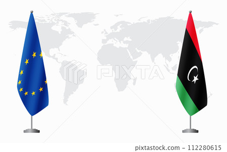 European Union and Libya flags for official meeting European Union and Libya flags for official meeting 112280615