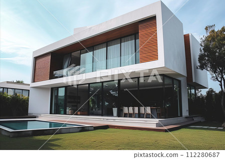 AI-generated content. Modern building with two stages in summertime 112280687