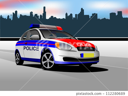 Police car on city panorama background. Vector 3d illustration. 112280689
