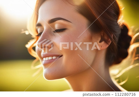 AI-generated content. Portrait of unfocused cropped caucasian happy and smiling young woman face with freckles and closed eyes AI-generated content. Portrait of unfocused cropped caucasian happy and smiling young woman face with freckles and closed eyes 112280716