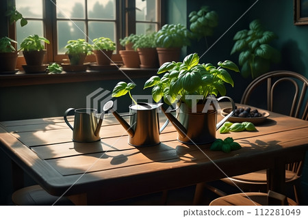 fresh young growing basil in a pot. 112281049