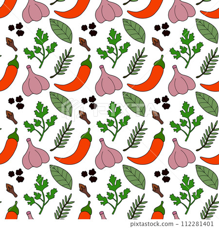 Seamless pattern with chili, bay leaf, parsley, black pepper, garlic, rosemary, clove. Spices, condiments and herbs background. Kitchen wallpaper. Vector flat illustration. Seamless pattern with chili, bay leaf, parsley, black pepper, garlic, rosemary, clove. Spices, condiments and herbs background. Kitchen wallpaper. Vector flat illustration. 112281401