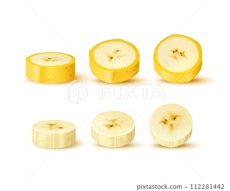 Realistic sliced banana fruit. Ripe peeled and unpeeled circular slices. Isolated 3d vector golden and irresistibly delicious circles of natural sweet and healthy snack, dessert of tropical plant Realistic sliced banana fruit. Ripe peeled and unpeeled circular slices. Isolated 3d vector golden and irresistibly delicious circles of natural sweet and healthy snack, dessert of tropical plant 112281442