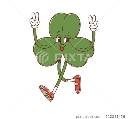 Cartoon trefoil clover leaf groovy character. Isolated vector retro shamrock funky holiday personage with mischievous smile, spreading joy and luck for Irish Patrick day celebration in a fantasy world 112281456