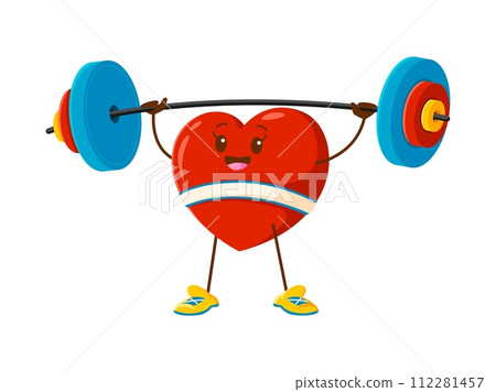 Cartoon heart character with barbell. Isolated vector red strong heart sportsman with a big smile and flexing arms, enthusiastically lifts a heavy weight above its head, showcasing strength and health 112281457