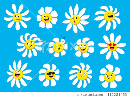 Cartoon chamomile or daisy flower characters with face emotions, vector emoji smiles. Funny camomile emoticons of happy daisy or camomile sad, crying, angry face or laugh, winking and in love hearts 112281463