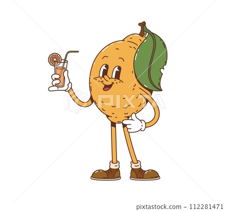 Cartoon lemon fruit groovy character holds cocktail glass. Isolated vector retro comic food personage with happy smile, green leaf and nostalgic funky style, spreading citrus, psychedelic vibes 112281471