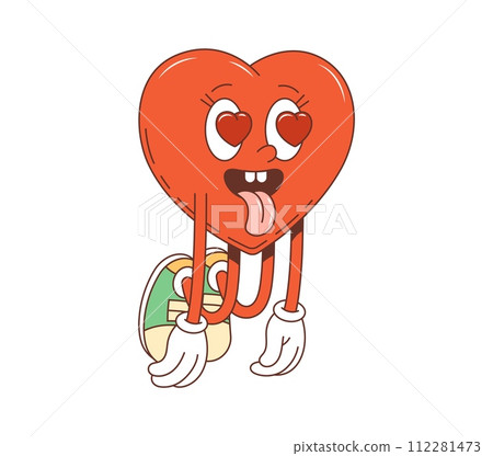 Cartoon retro groovy valentine lover character. Isolated vector vintage red heart personage fall in love with heart-shaped eye pupils and sticking tongue, exudes passion and lustful emotions 112281473