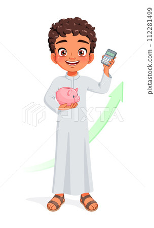 Arab boy with piggy bank and calculator. Smart kid saving money for future. Isolated vector illustration. Arab boy with piggy bank and calculator. Smart kid saving money for future. Isolated vector illustration. 112281499