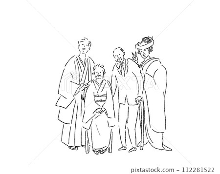 A bride and groom in white solid wood (hidden horns) and a hakama with a crest, a grandfather holding a cane and a grandmother in black tomesode sitting on a chair, wedding ceremony, line drawing 112281522