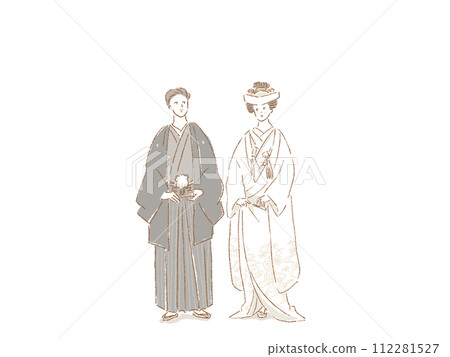 A bride in white solid wood (hidden horns) and a bride and groom in crested hakama, wedding ceremony, 112281527
