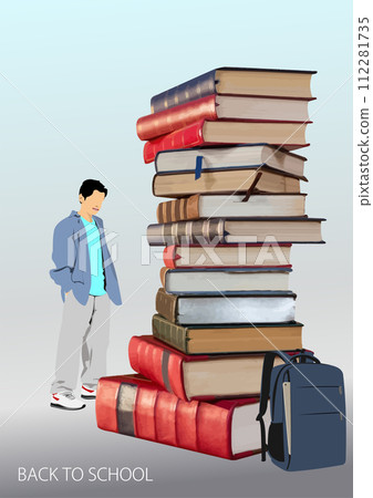 Abstract composition with boy school and book stacks. Back to school. Vector 3d illustration 112281735