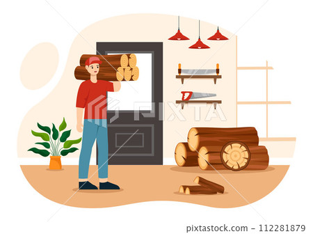 Timber Vector Illustration with Man Chopping Wood and Tree with Lumberjack Work Equipment Machinery or Chainsaw at Forest in Flat Cartoon Background Timber Vector Illustration with Man Chopping Wood and Tree with Lumberjack Work Equipment Machinery or Chainsaw at Forest in Flat Cartoon Background 112281879