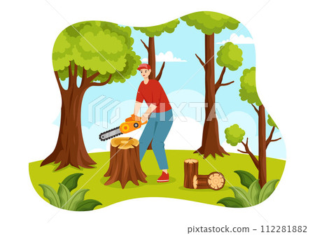Timber Vector Illustration with Man Chopping Wood and Tree with Lumberjack Work Equipment Machinery or Chainsaw at Forest in Flat Cartoon Background Timber Vector Illustration with Man Chopping Wood and Tree with Lumberjack Work Equipment Machinery or Chainsaw at Forest in Flat Cartoon Background 112281882