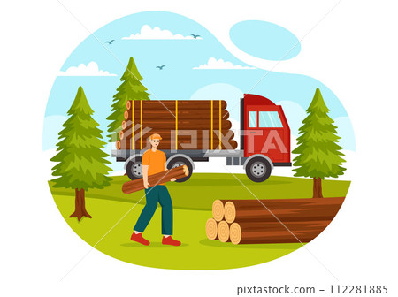Timber Vector Illustration with Man Chopping Wood and Tree with Lumberjack Work Equipment Machinery or Chainsaw at Forest in Flat Cartoon Background Timber Vector Illustration with Man Chopping Wood and Tree with Lumberjack Work Equipment Machinery or Chainsaw at Forest in Flat Cartoon Background 112281885