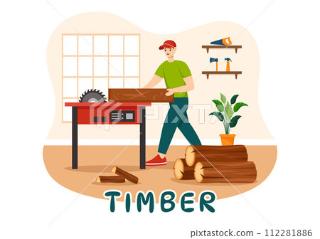 Timber Vector Illustration with Man Chopping Wood and Tree with Lumberjack Work Equipment Machinery or Chainsaw at Forest in Flat Cartoon Background 112281886